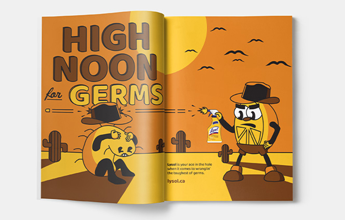 magazine spread of a cartoon lemon shooting germs